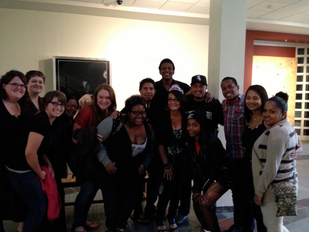 Sara Contreras (pictured with the tiara) poses with some of the students who attended her Sept. 14 comedy show.